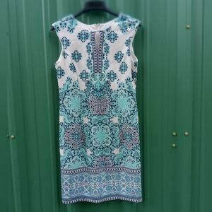 Women's Aqua Teal Blue & White Floral Midi Shift Dress Size 10 Boho